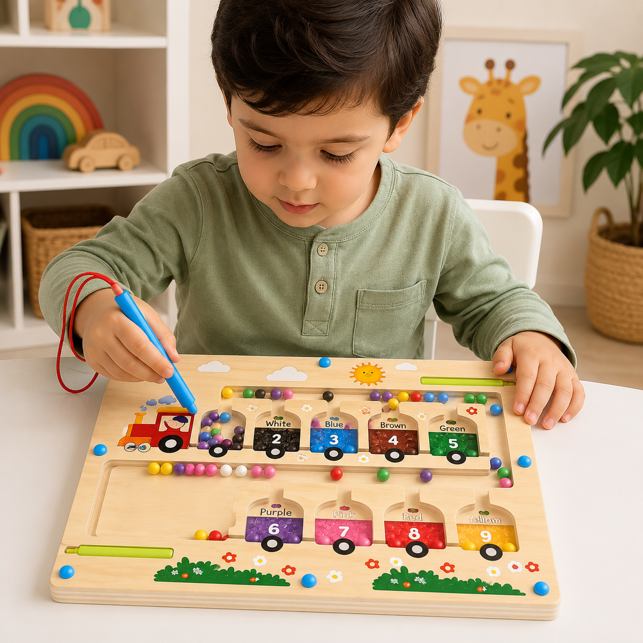 Wooden Magnetic Bead Maze Montessori Toy | Color & Number Sorting Train Board