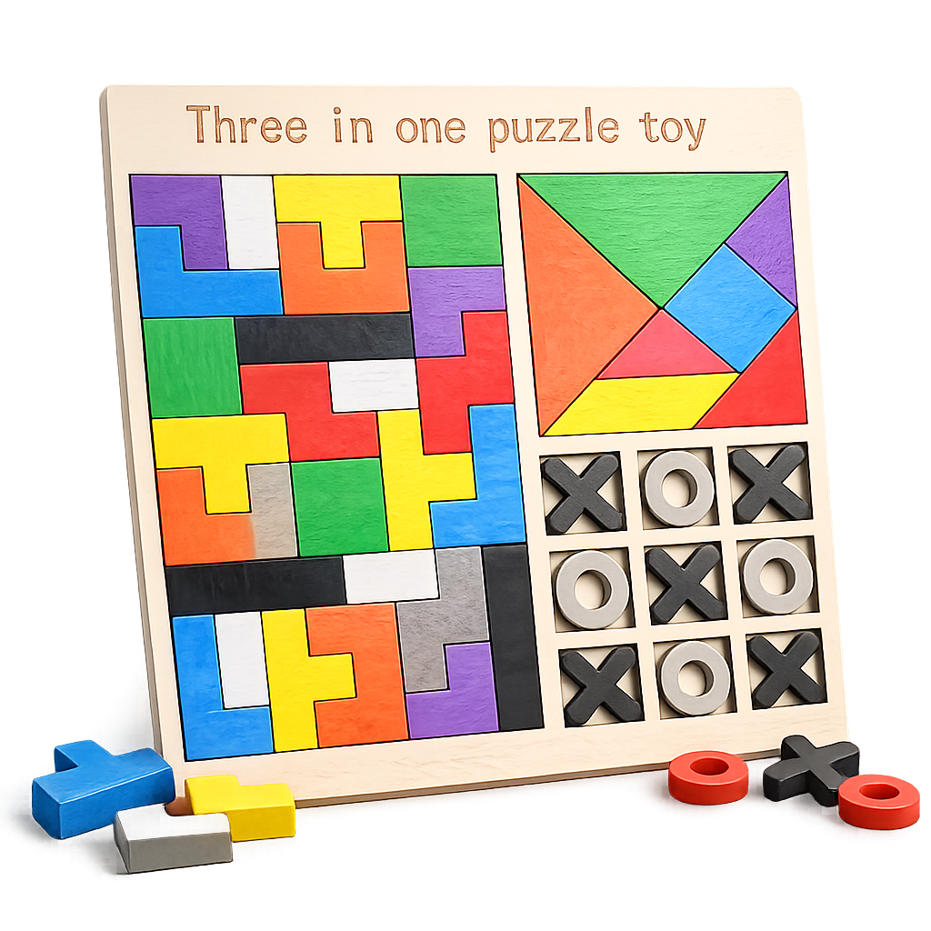 3-in-1 Wooden Puzzle Board | Tetris, Tangram & Tic-Tac