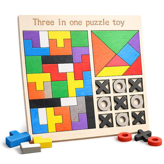 3-in-1 Wooden Puzzle Board | Tetris, Tangram & Tic-Tac