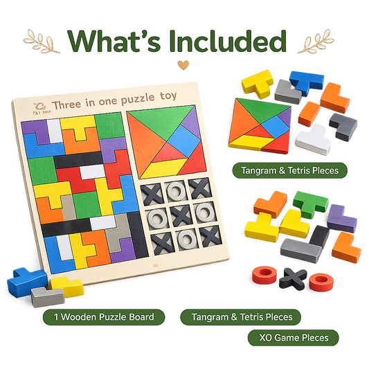 3-in-1 Wooden Puzzle Board | Tetris, Tangram & Tic-Tac