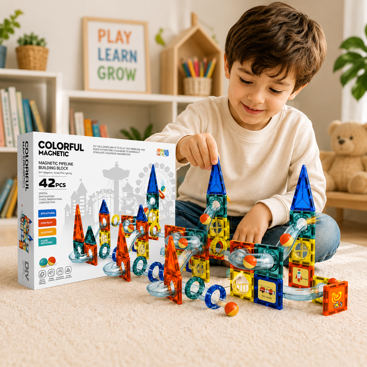 42PCS Magnetic Marble Run Building Blocks for Kids