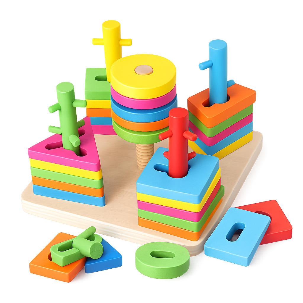 5-in-1 Wooden Shape Sorting & Stacking Puzzle Board