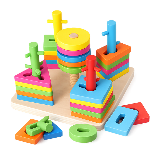 5-in-1 Wooden Shape Sorting & Stacking Puzzle Board