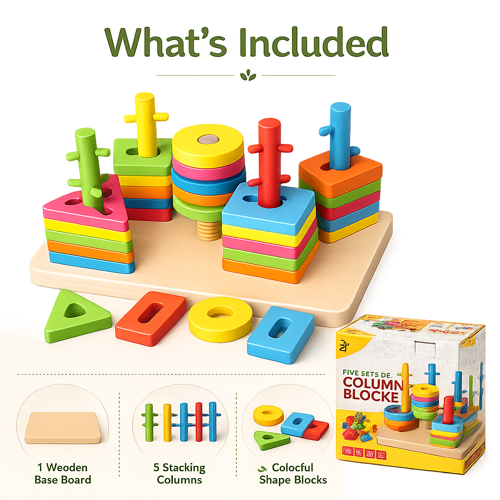 5-in-1 Wooden Shape Sorting & Stacking Puzzle Board