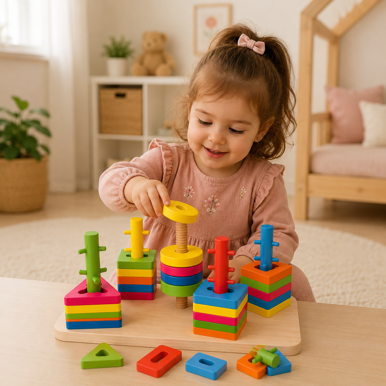 5-in-1 Wooden Shape Sorting & Stacking Puzzle Board