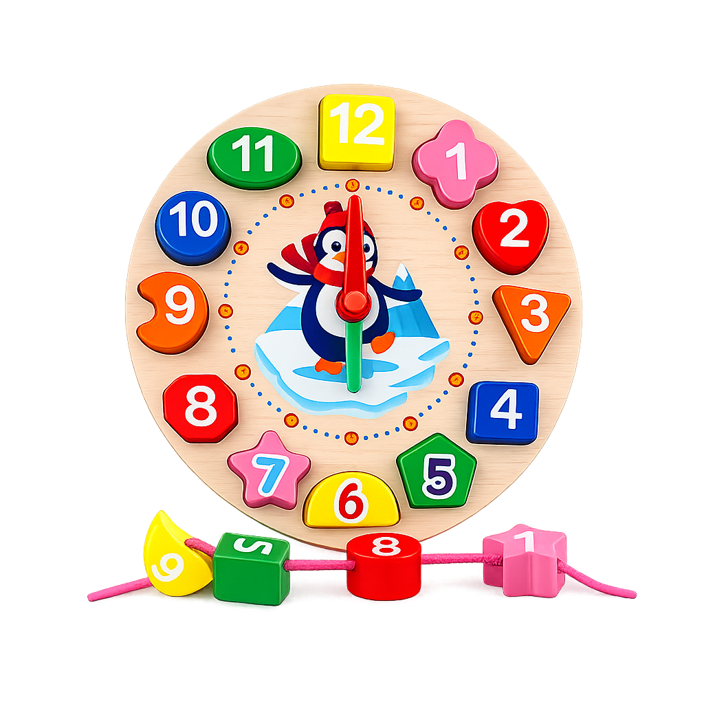 (3-in-1)Wooden Clock Puzzle & Lacing Board |