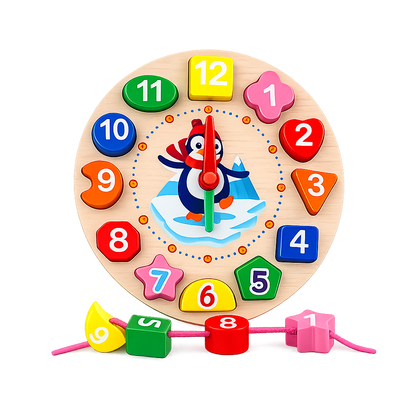 (3-in-1)Wooden Clock Puzzle & Lacing Board |