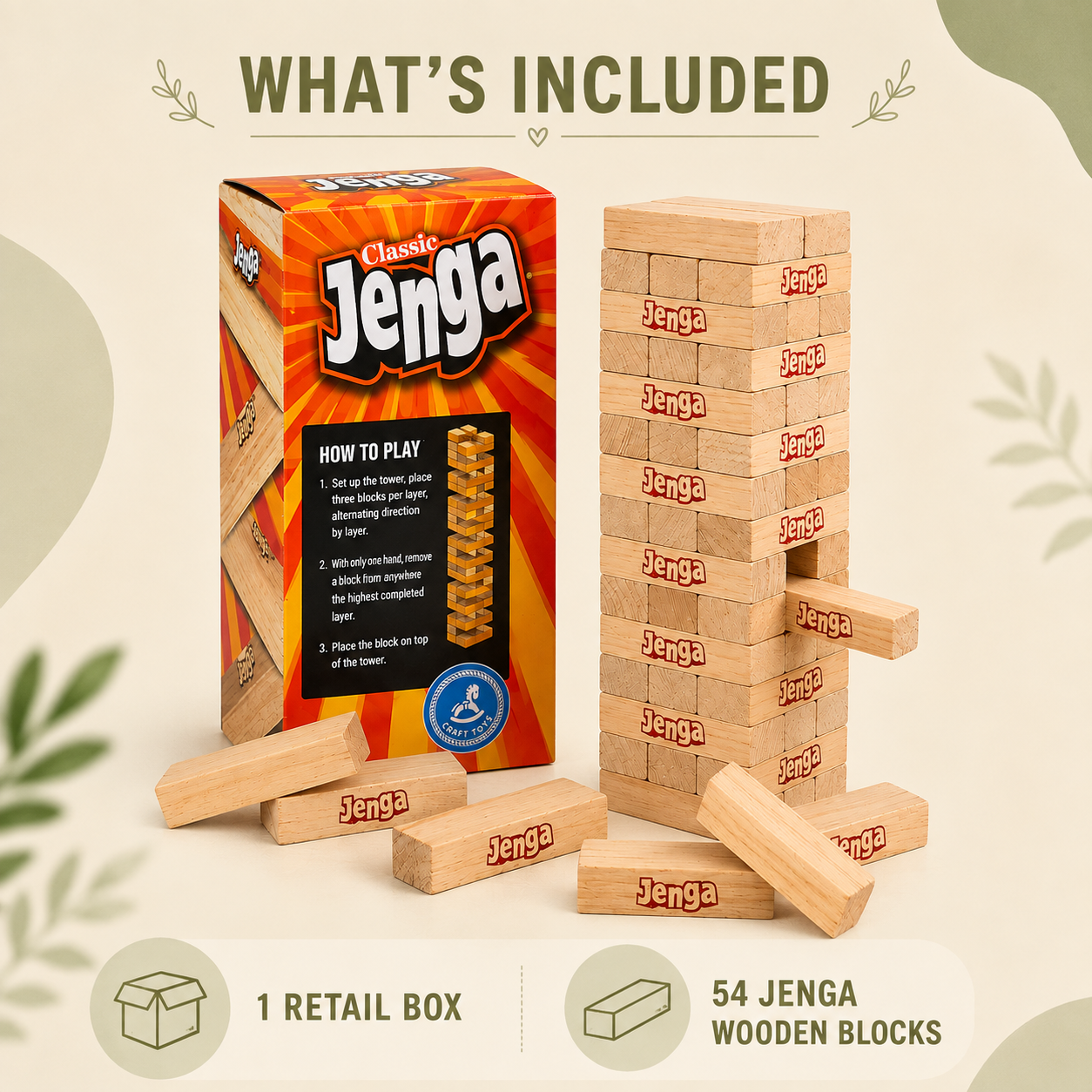 Classic Wooden Jenga Tower Game – 54 Piece Stacking Blocks for Kids & Family