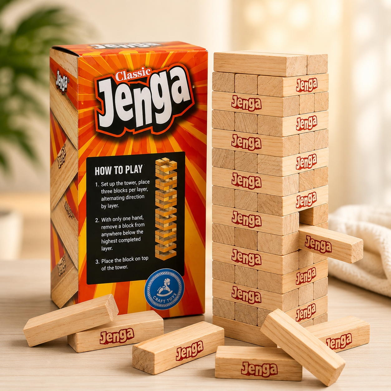 Classic Wooden Jenga Tower Game – 54 Piece Stacking Blocks for Kids & Family