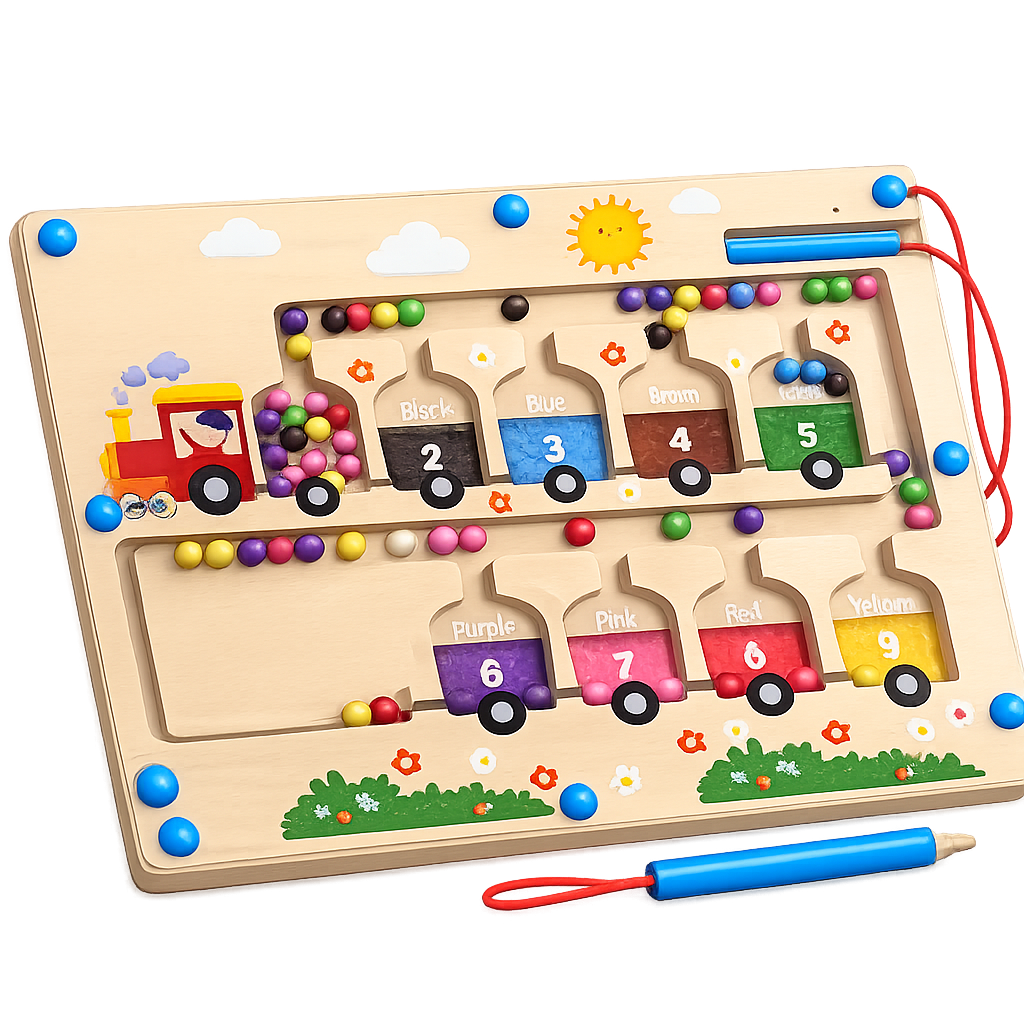 Wooden Magnetic Bead Maze Montessori Toy | Color & Number Sorting Train Board