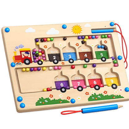 Wooden Magnetic Bead Maze Montessori Toy | Color & Number Sorting Train Board