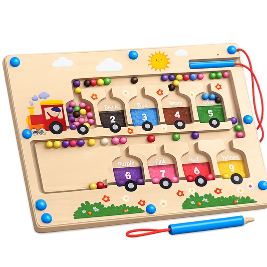 Wooden Magnetic Bead Maze Montessori Toy | Color & Number Sorting Train Board