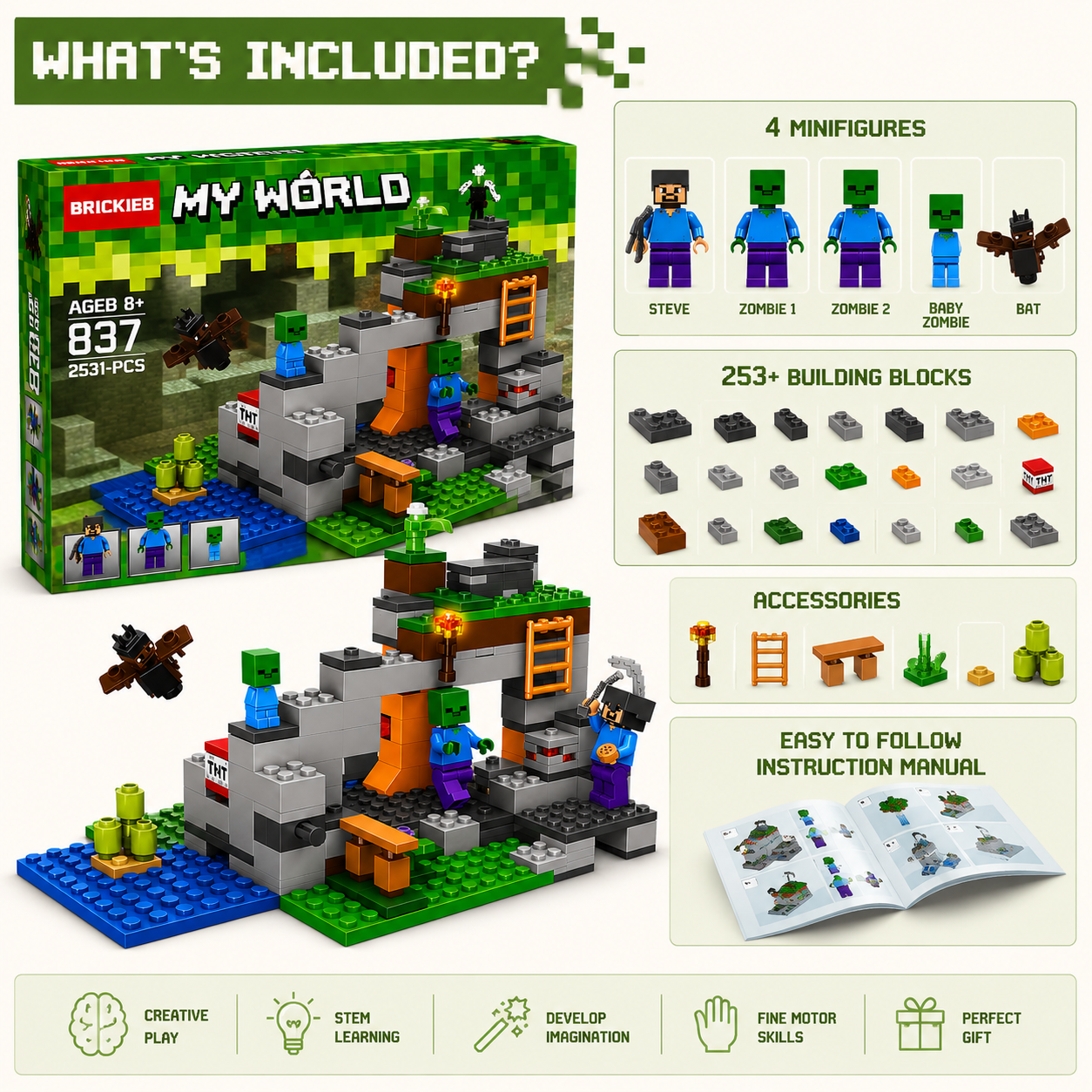 My World Zombie Cave Building Blocks Set – 253+ PCS Construction Toy